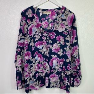 JONES NY Purple Floral Print Ruffle Front Tunic Top Cinched Waist Size Large